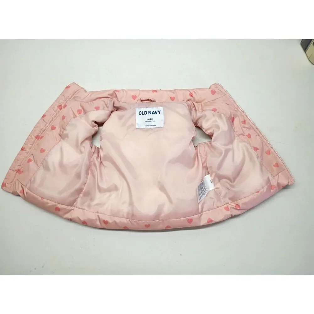 Infant Girl Old Navy Puffer Vest Sz 0-3M Zip Front Waterproof Pink Hearts Jacket